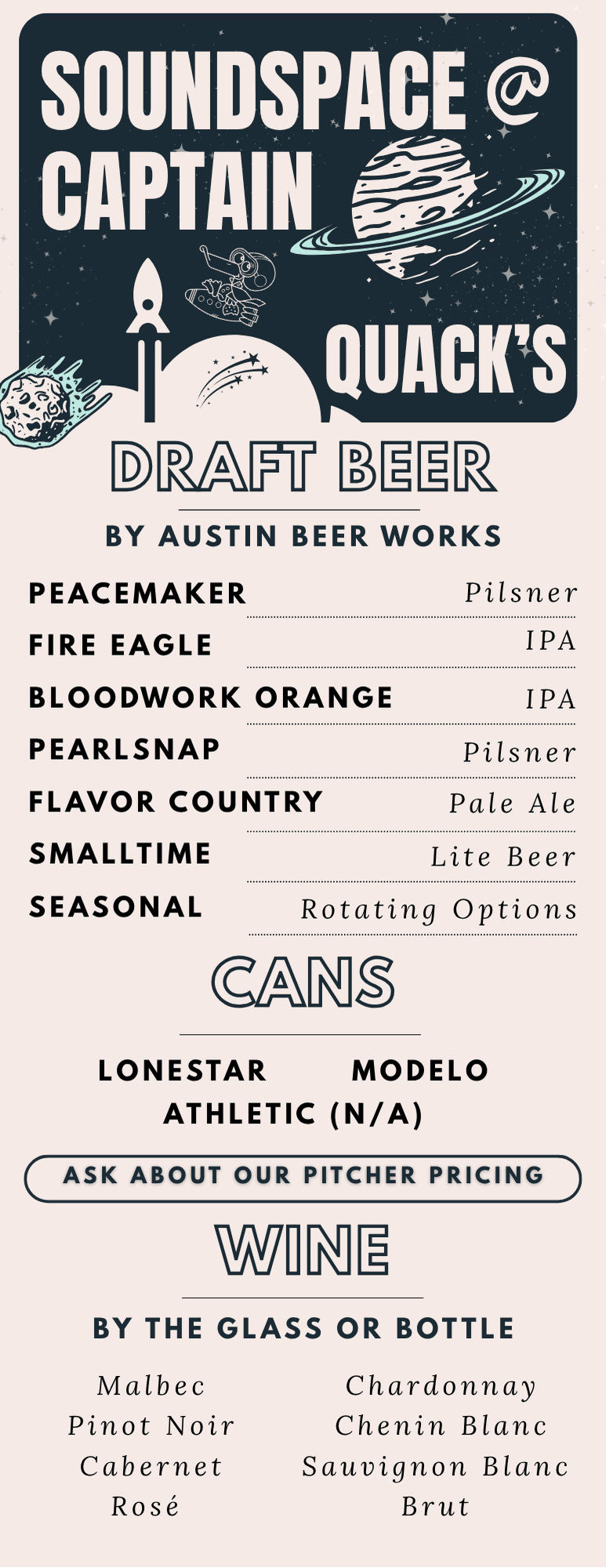 Soundspace draft beer, canned beer, and wine menu