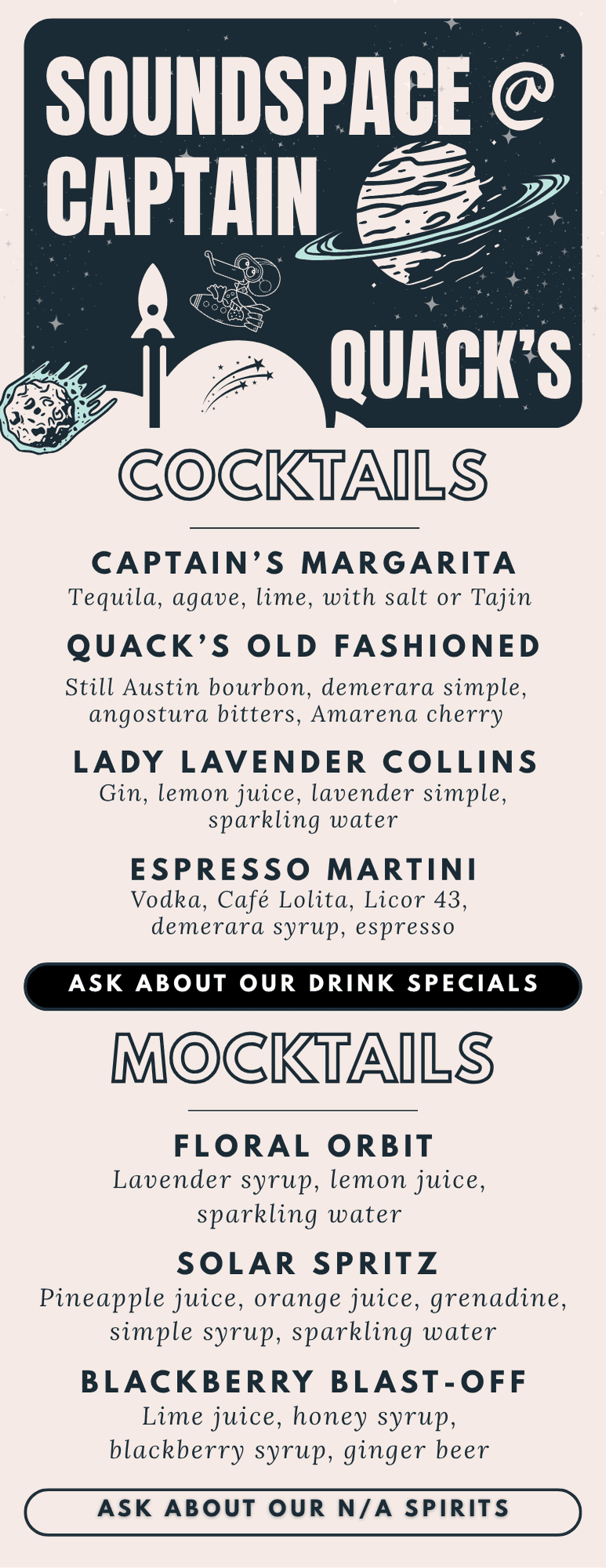 Soundspace cocktail and mocktail menu