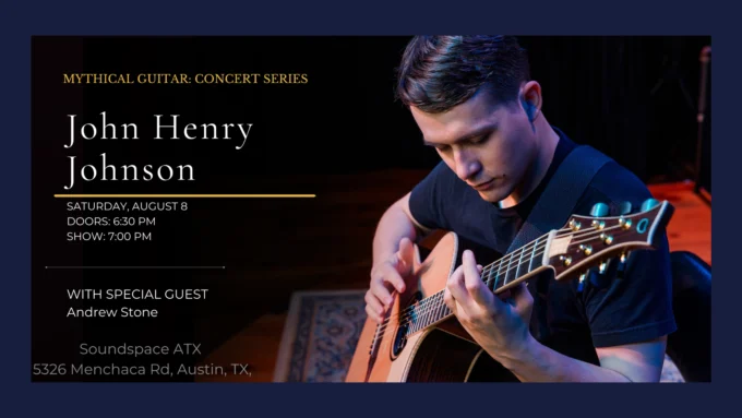 Event poster for Mythical Guitar Series with John Henry Johnson and Andrew Stone